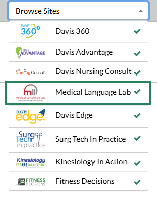 A screenshot of the Browse Sites box, with a green box highlighting the Medical Language Lab option.