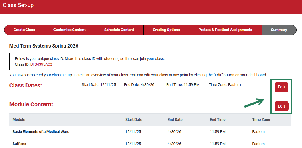 A screenshot with a green box and arrow highlighting the Edit button the Summary page.