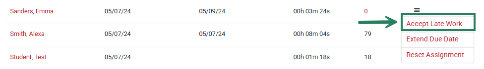 A screenshot of the Gradebook with a green box and arrow highlighting the Accept Late Work option.