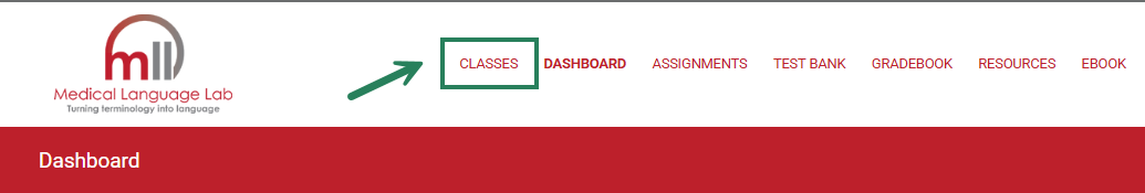 A screenshot of the header in Medical Language Lab with a green box and arrow highlighting the Classes option.
