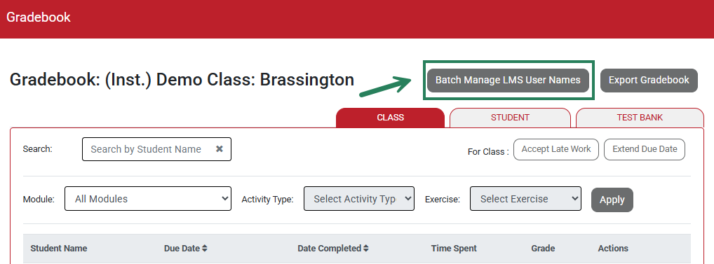 A screenshot of the Gradebook with a green box and arrow highlighting the Batch Manage LMS Users button.