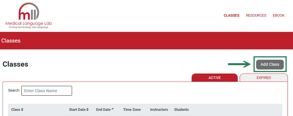Screenshot with a green box and arrow highlighting the "Add Class" button found in Medical Language Lab.