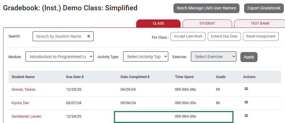 A screenshot of the gradebook with a green box highlighting the date completed and score removed for a reset assignment.