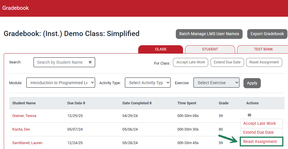 A screenshot of the gradebook with a green box and arrow highlighting the Reset Assignment option for a student.