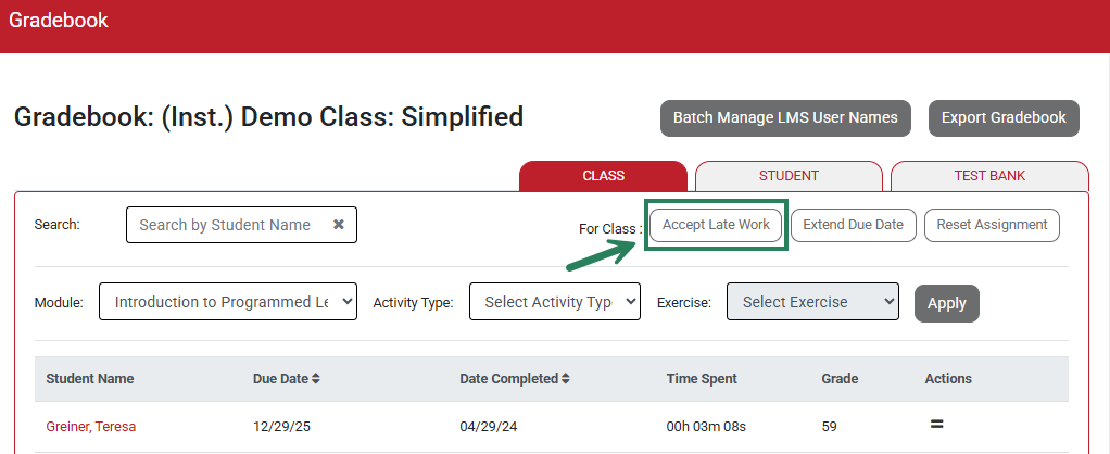 A green box and arrow highlight the Accept Late work button.