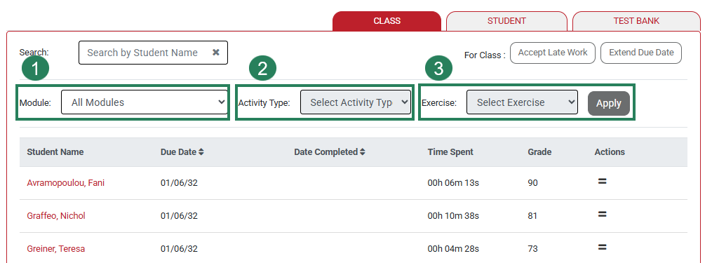 A screenshot of the gradebook with green boxes and numbers highlighting the Module option (1), the Activity Type option (2), and the Exercise option (3).