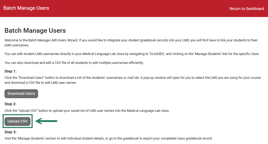 A screenshot of the Batch Manager Users page with a green box and arrow highlighting the Upload CSV button.