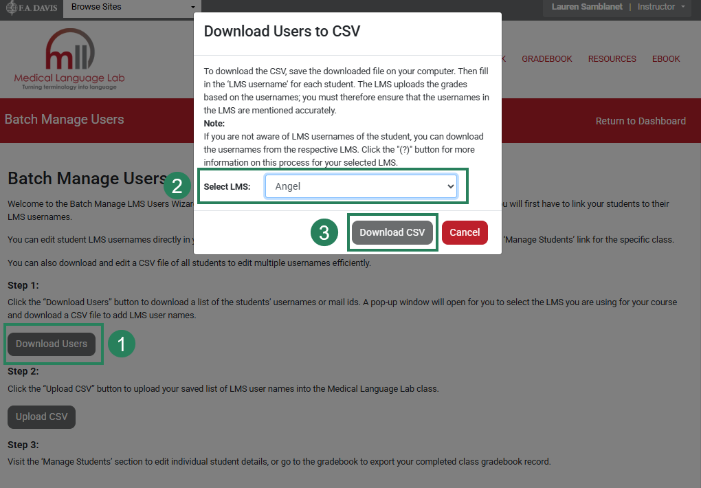 A screenshot of the Batch Manage Users page with green boxes and numbers highlighting the Download Users button (1), the Select LMS drop-down (2), and the Download CSV button (3).