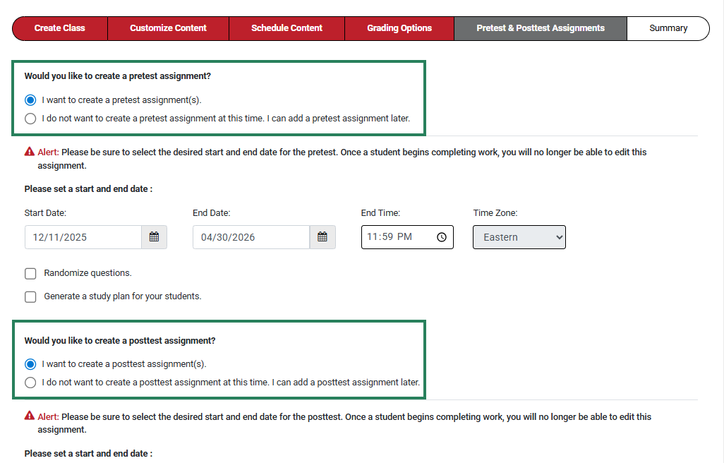 A screenshot with two green boxes highlighting the option to add pretest and posttest assignments.