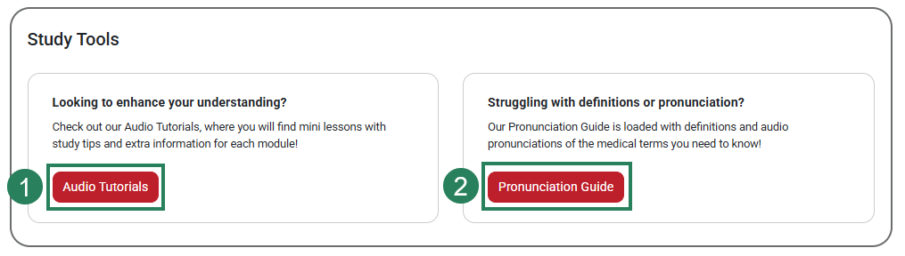 A screenshot of the Study Guide section with green boxes and numbers highlighting the Audio Tutorials button (1), and the Pronunciation Guide button (2).