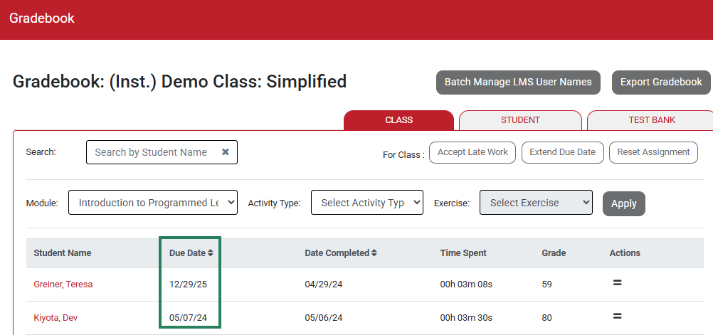 A screenshot of the Gradebook with a green box highlighting the Due Date column.