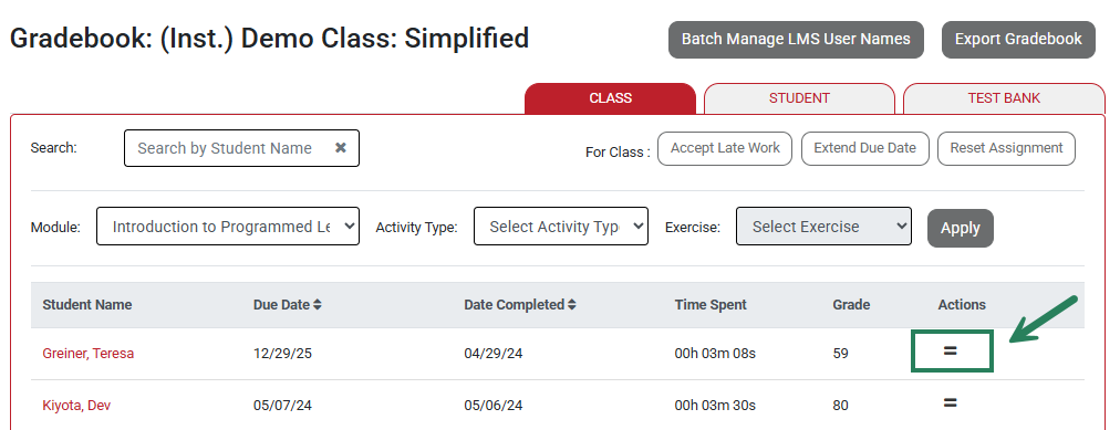 A screenshot of the gradebook with a green box and arrow highlighting the two lines in a student's row.