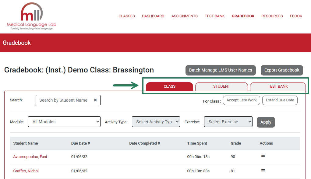 A screenshot of the Gradebook with a green box and arrow pointing to the Class, Student and Testbank views.