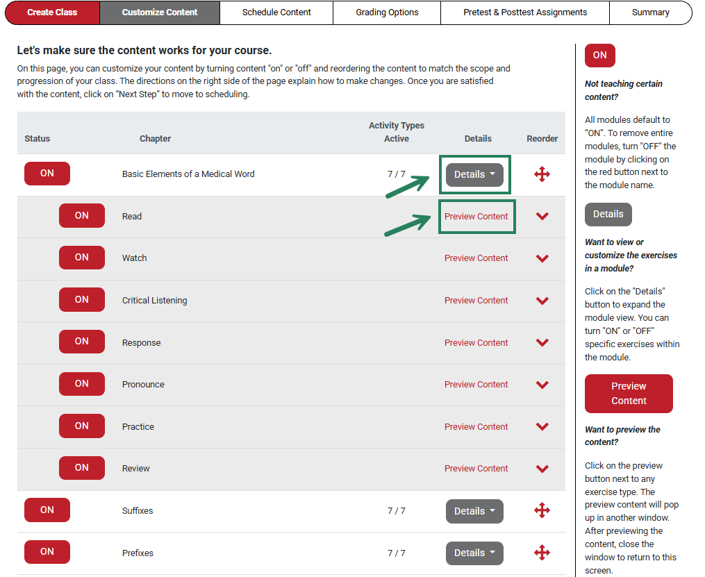 A screenshot with green boxes and arrows highlighting the Details button and the Preview Content option.