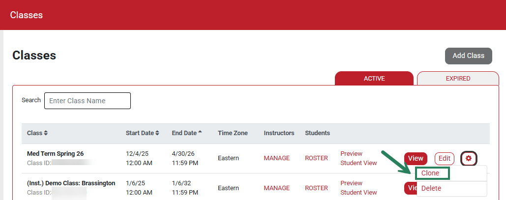 A screenshot of the Classes page with a green box and arrow highlighting the Clone option.