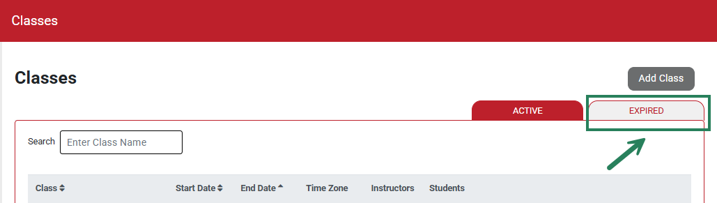 A screenshot of the Classes page with a green box and arrow highlighting the Expired tab.
