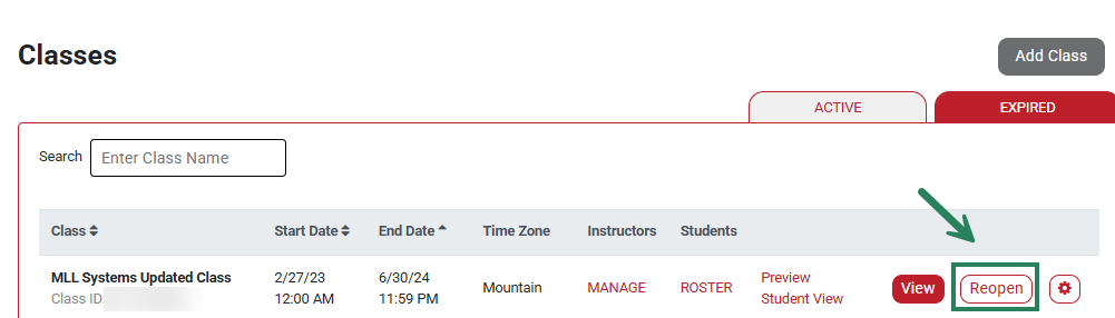 A screenshot of an expired class with a green box and arrow highlighting the Reopen button.