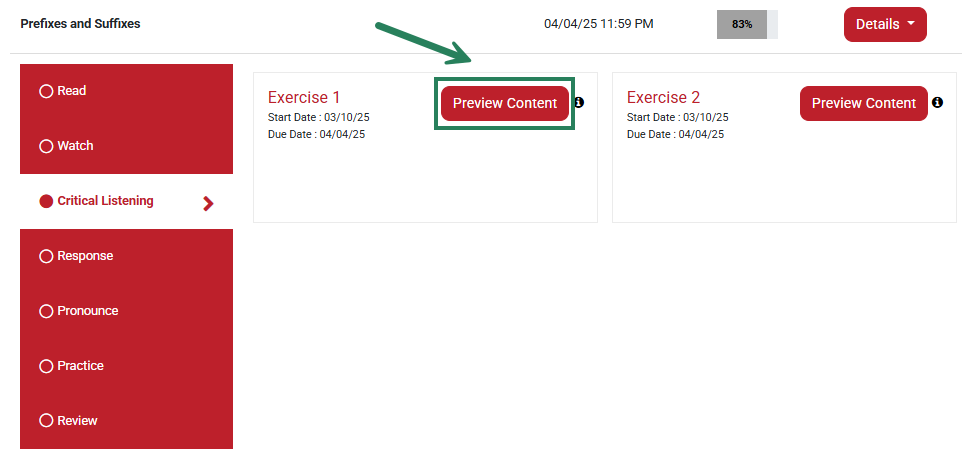 A screenshot of the Assignments page with a green box and arrow highlighting the Preview Content button.