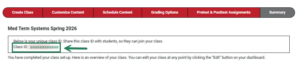 A screenshot with a green box and arrow highlighting the Class ID on the Summary.