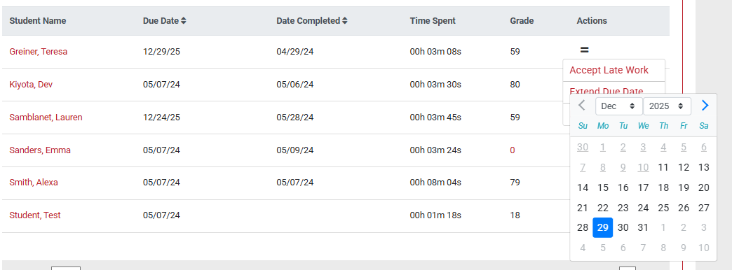 A screenshot of the calendar pop-up that appears when Extend Due Date is selected.