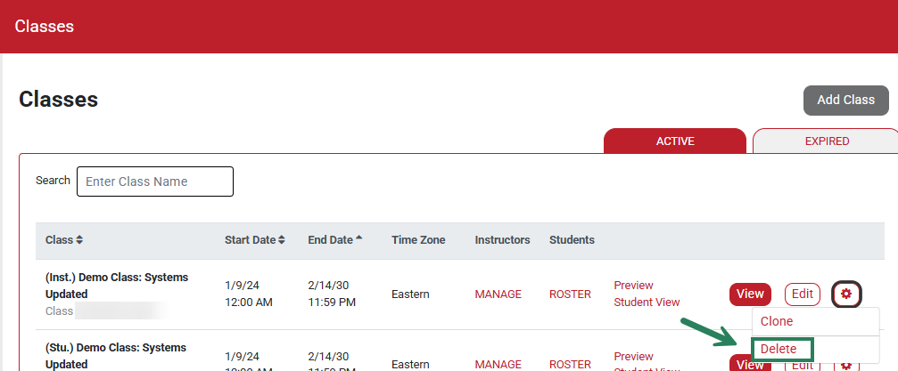 A screenshot of the Classes page with a green box and arrow highlighting the Delete button.
