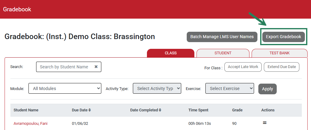 A screenshot of the Gradebook with a green box highlighting the Export Gradebook button.