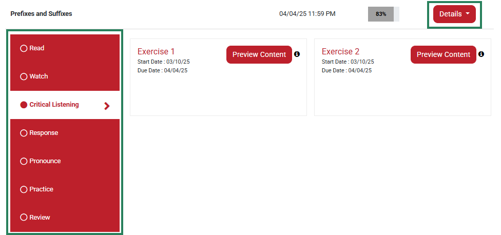 A screenshot of the Assignments page with green boxes highlighting the Details button and the activity types for the chapter.