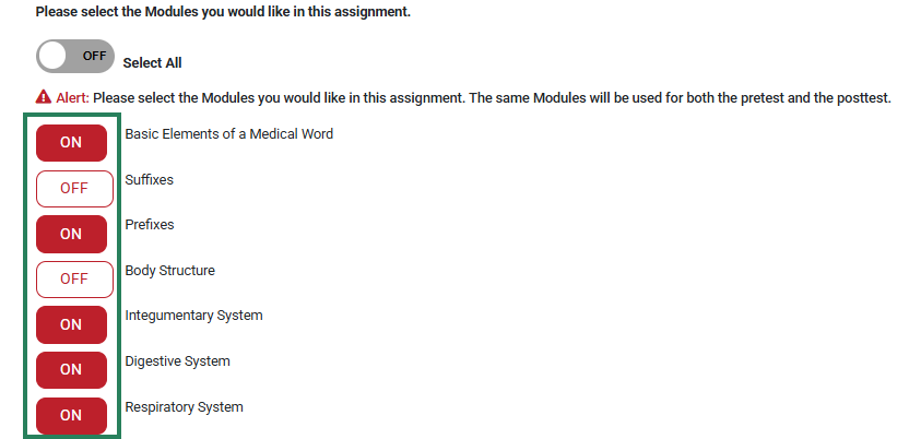 A screenshot with a green box highlighting the On/Off buttons to choose which chapters are included on the pretest/posttest.