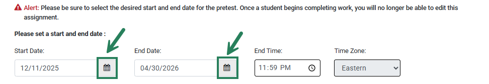 A screenshot with green boxes and arrows highlighting the calendar buttons used to add start and end dates.