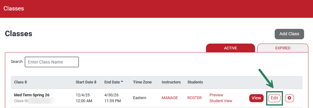 A screenshot of the Classes page with a green box and arrow highlighting the Edit button.
