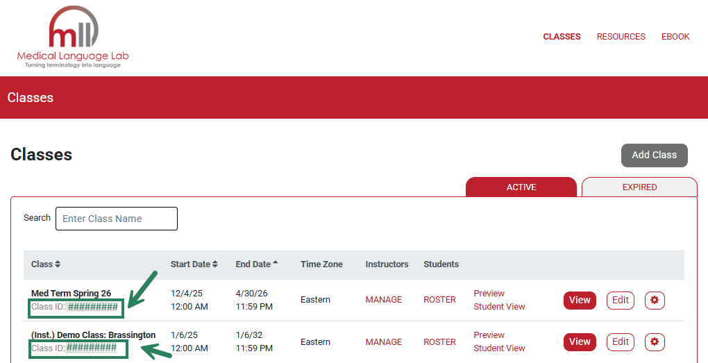 A screenshot of the Classes page with green boxes and arrows highlighting the Class IDs.