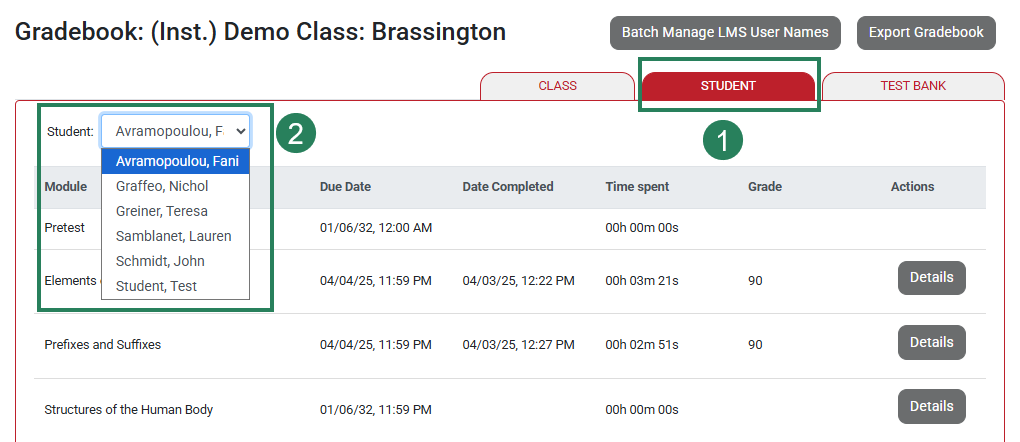A screenshot of the Gradebook with green boxes and numbers highlighting the Student tab (1) and Student drop-down (2).