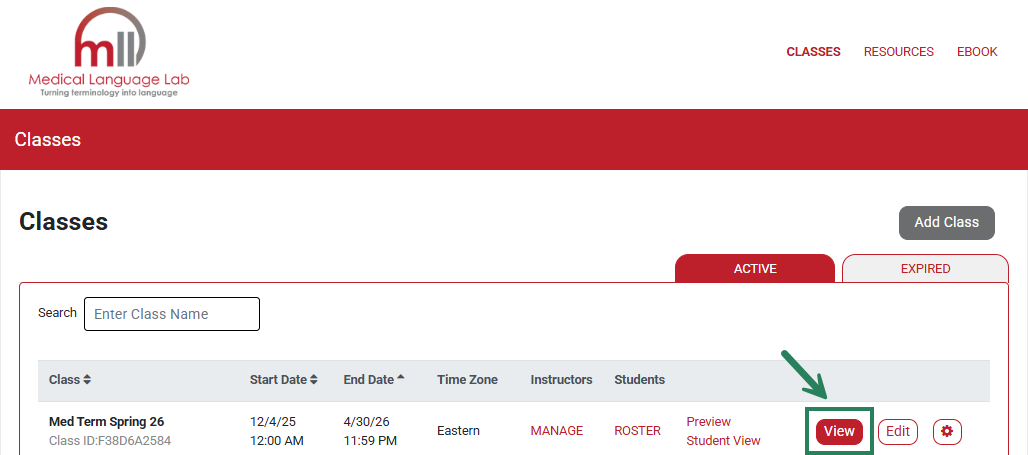 A screenshot of the Classes page with a green box and arrow highlighting the View button.