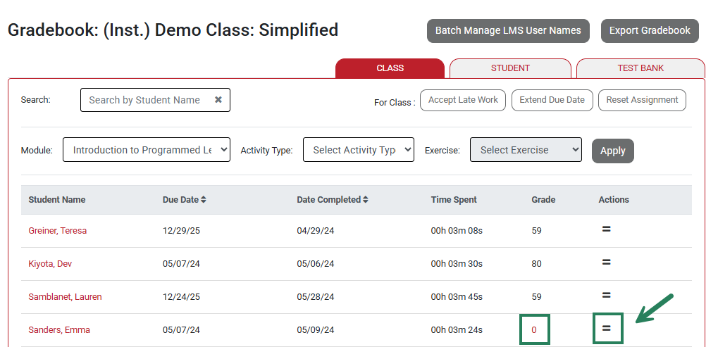 A screenshot of the Gradebook with one green box highlighting a red score and another green box and arrow highlighting the two lines in the students row.