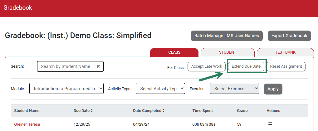A screenshot of the Gradebook with a green box and arrow highlighting the Extend Due Date button.