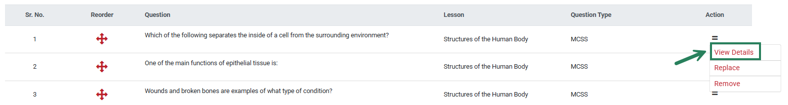 A screenshot of the options under the two lines, with a green box and arrow highlighting the View Details option.
