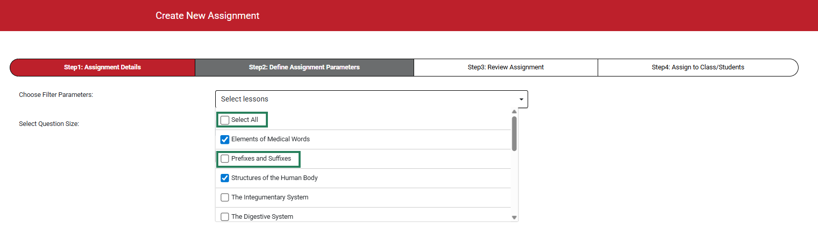 A screenshot of the Select Lesson drop-down with green boxes highlighting the checkboxes.