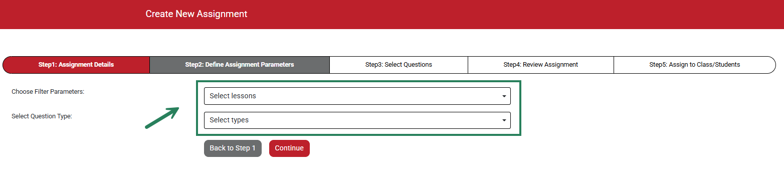 A screenshot of the Custom Assignment page with green boxes and arrows highlighting the Select lessons and Select Types options.
