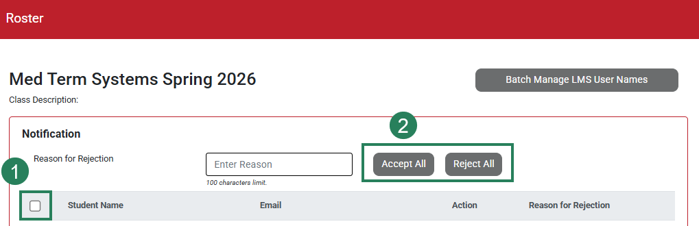 A screenshot of the Pending page with green boxes and numbers highlighting the Checkbox (1) and the Accept All and Reject All buttons (2).