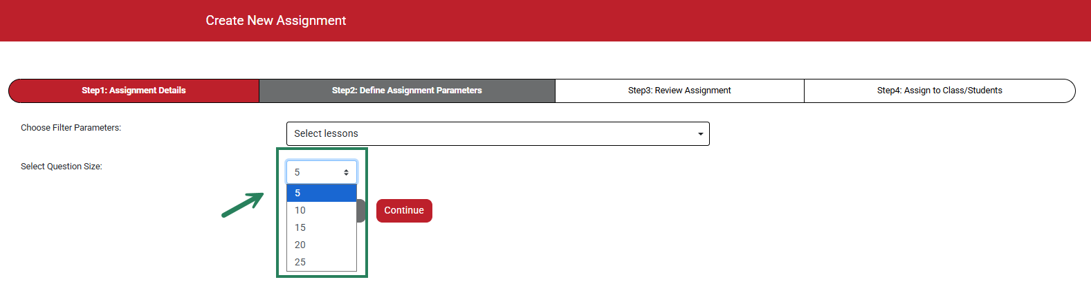 A screenshot of the question size drop-down with a green box and arrow highlighting the choice to select between 5-25 questions.