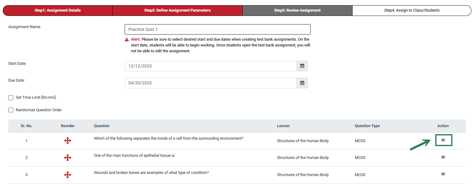 A screenshot of the Review Assignment page with a green box and arrow highlighting the two lines by a question.