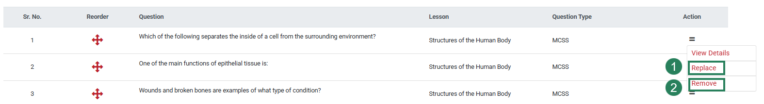 A screenshot of the options under the two lines with green boxes and numbers highlighting the Replace option (1) and the Remove option (2).