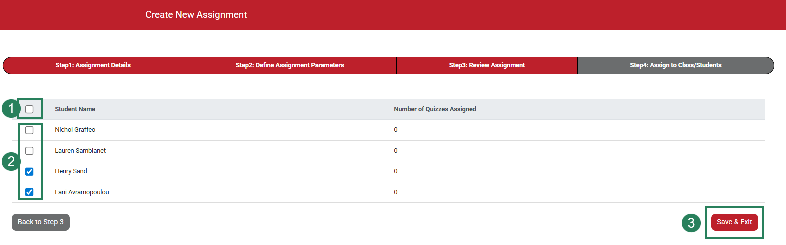 A screenshot of the Assign page with green boxes and numbers highlighting the Checkbox to assign to the class (1), the checkboxes to assign to individual students (2), and the Save & Exit button (3).