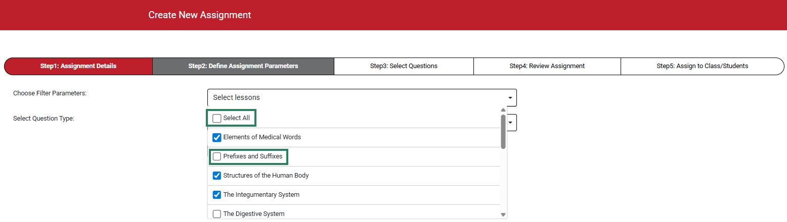 A screenshot of the Select Lessons drop-down with green boxes highlighting the checkboxes.