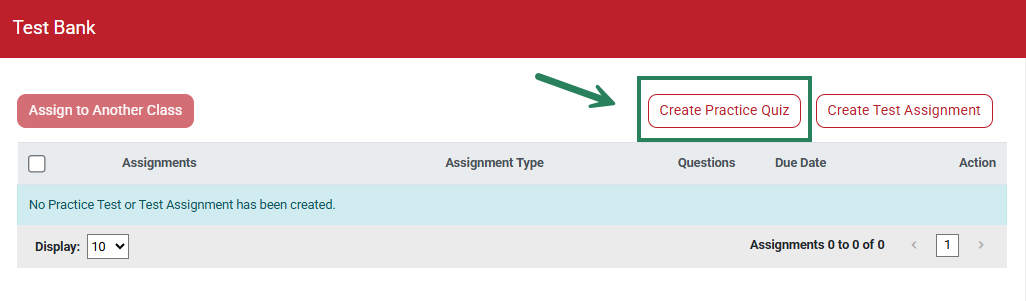 A screenshot of the Test Bank page with a green box and arrow highlighting the Create Practice Quiz button.
