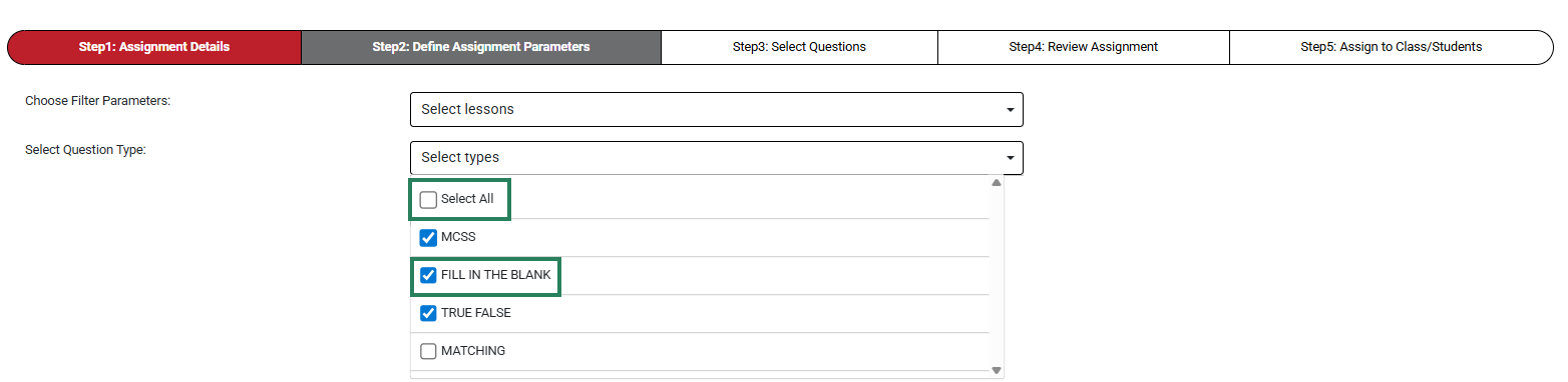 A screenshot of the Select Types drop-down with green boxes highlighting the checkboxes.