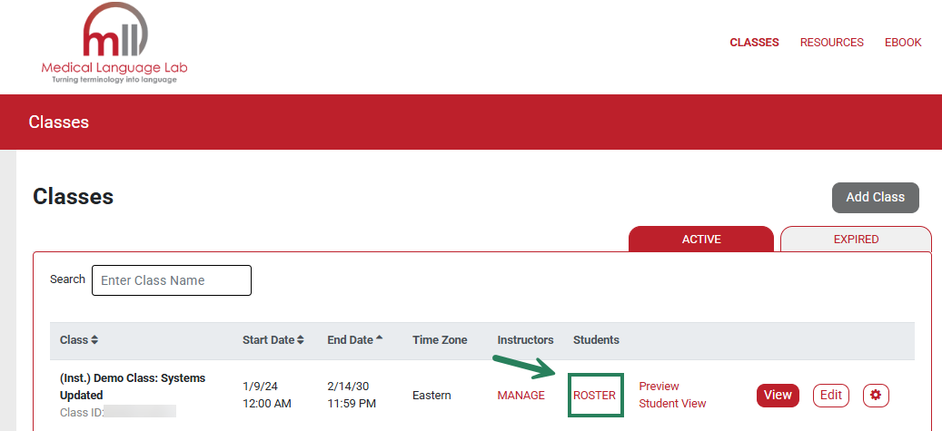 A screenshot of the Classes page with a green box and arrow highlighting the Roster option.