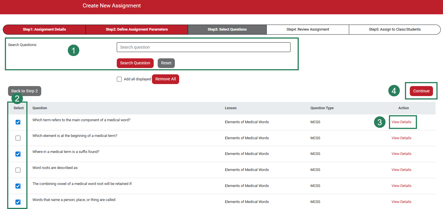 A screenshot of the Custom Assignment page with green boxes and numbers highlighting the Search feature (1), the checkboxes (2), the View Details option (3) and the Continue button (4).