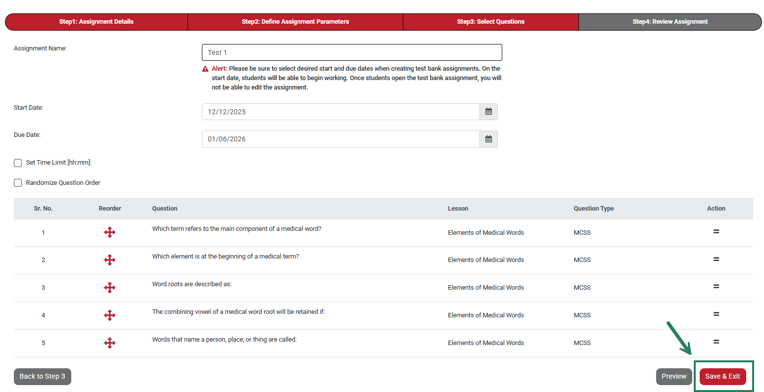 A screenshot of the Review Assignment page with a green box and arrow highlighting the Save & Exit button.