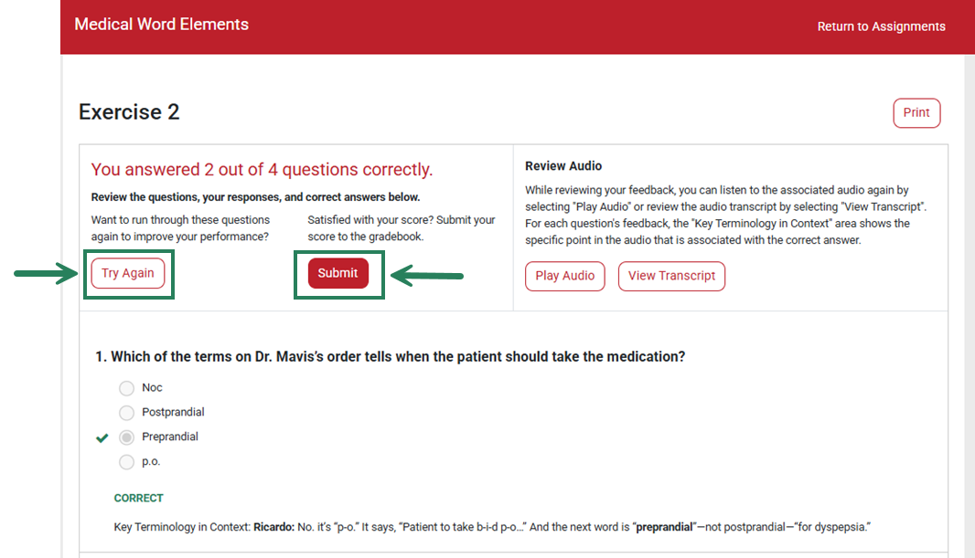 Screenshot of a review page for a Practice and then Grade exercise, highlighting the options to "Try Again" or "Submit."
